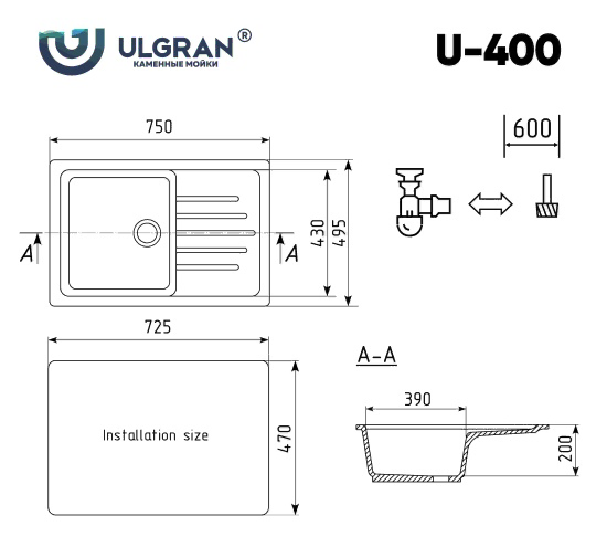 Мойка Ulgran U-400-308 черный