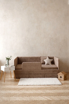 Детский диван-кровать 90*180 см DREAM line в полоску капучино с матрасом, чехлом, ящиком и бортиком, кровать детская от 3х лет