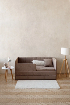 Детский диван-кровать 160*80 см Happy line в полоску капучино с матрасом, чехлом, ящиком и бортиком, кровать детская от 3х лет