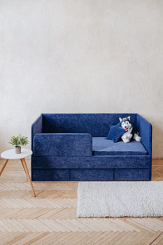 Детский диван-кровать 160х80 см Happy синий с матрасом, чехлом, ящиком и бортиком, кровать детская от 3х лет