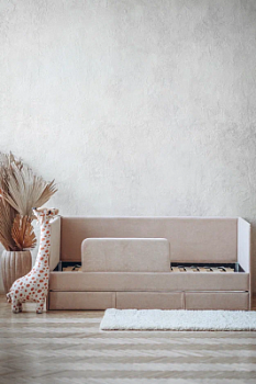 Детский диван-кровать 90*180 см DREAM бежевый с матрасом, чехлом, ящиком и бортиком, кровать детская от 3х лет