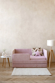 Детский диван-кровать 160х80 см Happy розовый с матрасом, чехлом, ящиком и бортиком, кровать детская от 3х лет