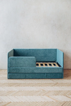 Детский диван-кровать 160х80 см Happy бирюзовый с матрасом, чехлом, ящиком и бортиком, кровать детская от 3х лет