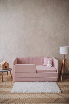 Детский диван-кровать 160*80 см Happy line в полоску розовый с матрасом, чехлом, ящиком и бортиком, кровать детская от 3х лет