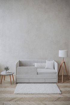 Детский диван-кровать 160*80 см Happy line в полоску светло-серый с матрасом, чехлом, ящиком и бортиком, кровать детская от 3х лет