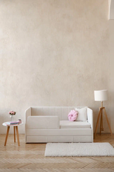 Детский диван-кровать 160*80 см Happy line в полоску айвори с матрасом, чехлом, ящиком и бортиком, кровать детская от 3х лет