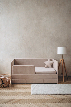 Детский диван-кровать 160х80 см Happy бежевый с матрасом, чехлом, ящиком и бортиком, кровать детская от 3х лет