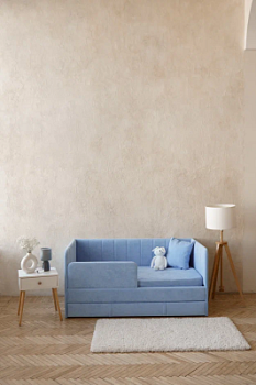 Детский диван-кровать 160*80 см Happy line в полоску васильковый с матрасом, чехлом, ящиком и бортиком, кровать детская от 3х лет