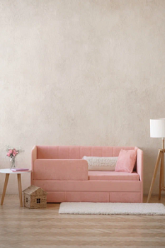 Детский диван-кровать 160*80 см Happy line в полоску коралловый с матрасом, чехлом, ящиком и бортиком, кровать детская от 3х лет