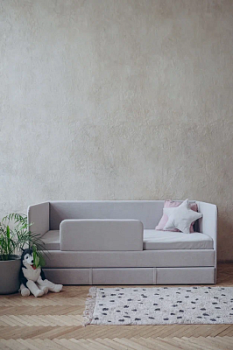 Детский диван-кровать 90*180 см DREAM светло-серый с матрасом, чехлом, ящиком и бортиком, кровать детская от 3х лет