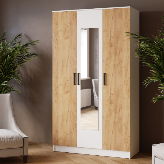 Шкаф комбинированный Ларс (1,2) с зеркалом белый/дуб крафт золотой