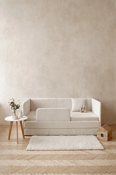 Детский диван-кровать 90*180 см DREAM line в полоску айвори с матрасом, чехлом, ящиком и бортиком, кровать детская от 3х лет