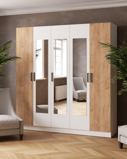 Шкаф комбинированный Ларс (2,0) с зеркалом белый/дуб крафт золотой