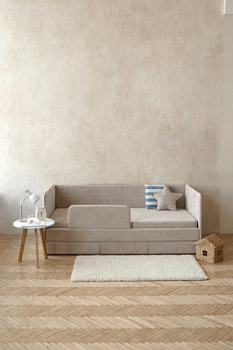 Детский диван-кровать 90*200 см SMILE бежевый с матрасом, чехлом, ящиком и бортиком, кровать детская от 3х лет