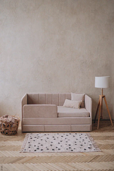 Детский диван-кровать 160*80 см Happy line в полоску бежевый с матрасом, чехлом, ящиком и бортиком, кровать детская от 3х лет