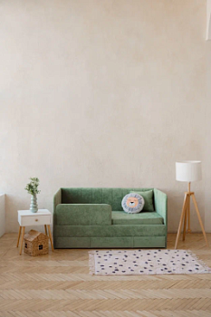 Детский диван-кровать 160*80 см Happy line в полоску зеленый с матрасом, чехлом, ящиком и бортиком, кровать детская от 3х лет