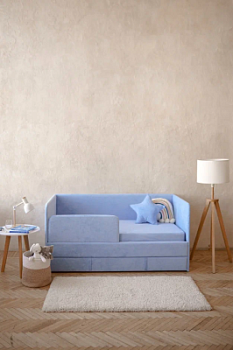 Детский диван-кровать 160х80 см Happy васильковый с матрасом, чехлом, ящиком и бортиком, кровать детская от 3х лет