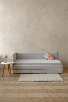 Детский диван-кровать 90*200 см SMILE светло-серый с матрасом, чехлом, ящиком и бортиком, кровать детская от 3х лет
