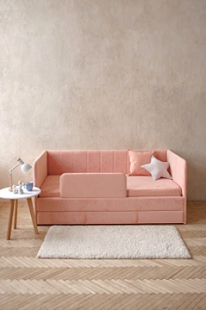 Детский диван-кровать 90*180 см DREAM line в полоску коралловый с матрасом, чехлом, ящиком и бортиком, кровать детская от 3х лет