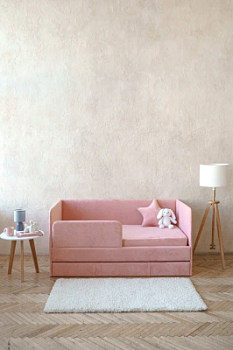 Детский диван-кровать 160х80 см Happy коралловый с матрасом, чехлом, ящиком и бортиком, кровать детская от 3х лет