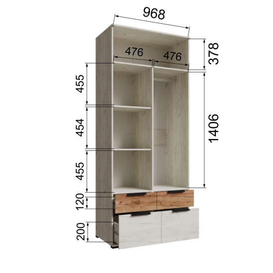 Лилль Шкаф 2-х створчатый с зеркалом и ящиками ЛСШ-22 дуб крафт белый/дуб крафт табачный