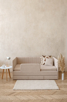 Детский диван-кровать 90*180 см DREAM line в полоску бежевый с матрасом, чехлом, ящиком и бортиком, кровать детская от 3х лет