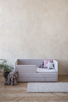 Детский диван-кровать 160х80 см Happy светло-серый с матрасом, чехлом, ящиком и бортиком, кровать детская от 3х лет