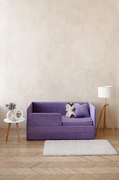 Детский диван-кровать 160*80 см Happy line в полоску сиреневый с матрасом, чехлом, ящиком и бортиком, кровать детская от 3х лет