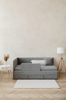 Детский диван-кровать 90*180 см DREAM line в полоску темно-серый с матрасом, чехлом, ящиком и бортиком, кровать детская от 3х лет