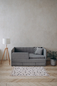 Детский диван-кровать 160*80 см Happy line в полоску темно-серый с матрасом, чехлом, ящиком и бортиком, кровать детская от 3х лет